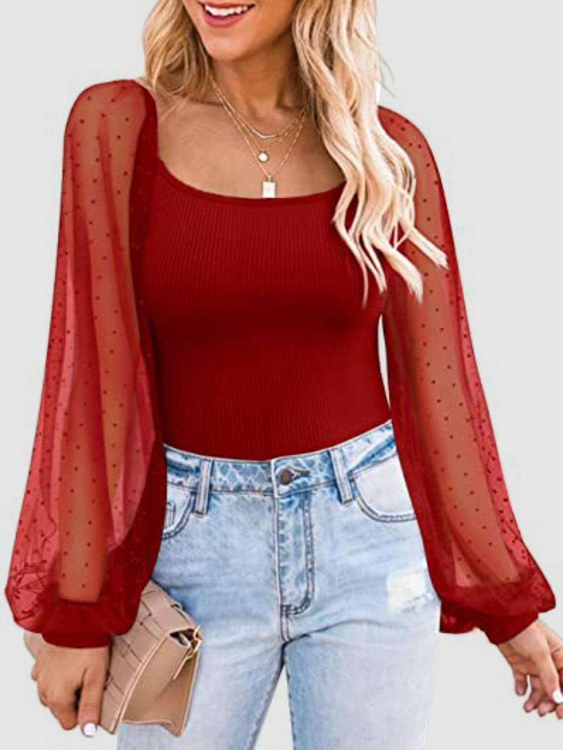 Cotton Square Neck Lantern Sleeve Blouse