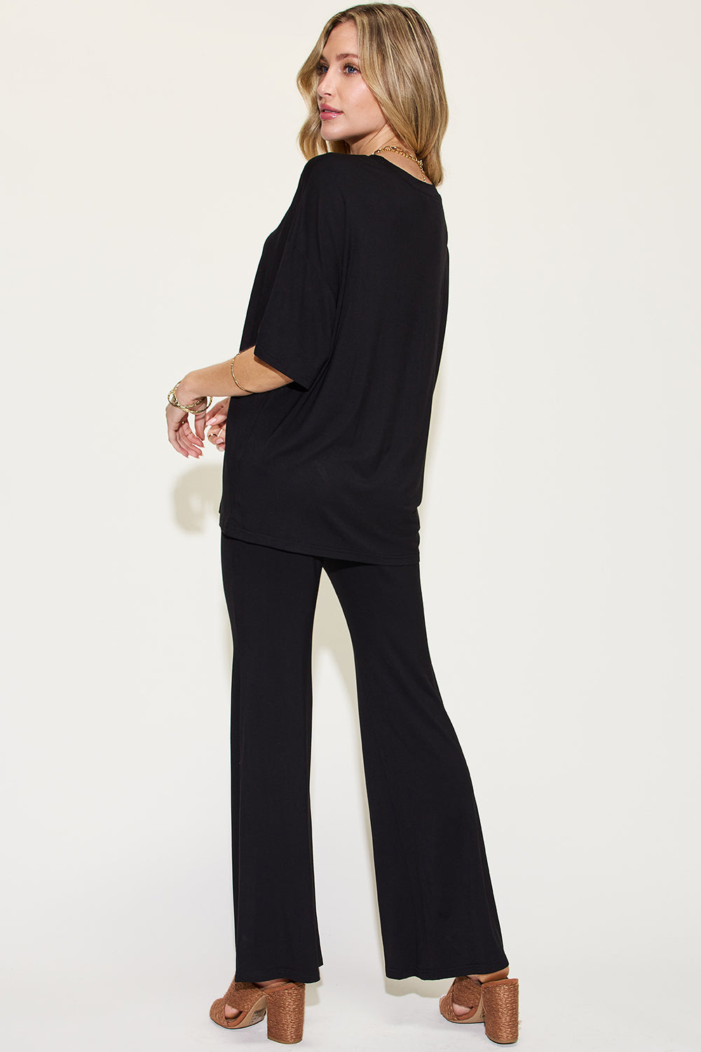 Basic Bamboo Drop Shoulder T-Shirt and Flare Pants Set