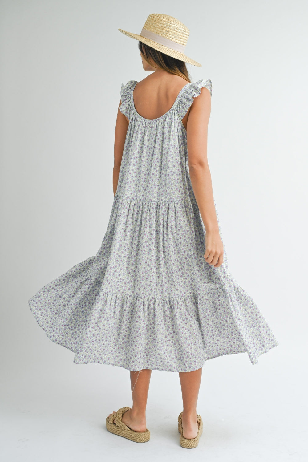Cotton Floral Ruffle Shoulder Tiered Midi Dress