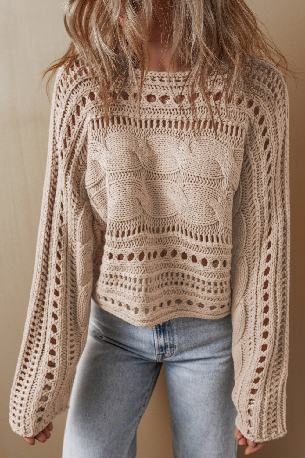 Cable-Knit Cotton Long Sleeve Sweater