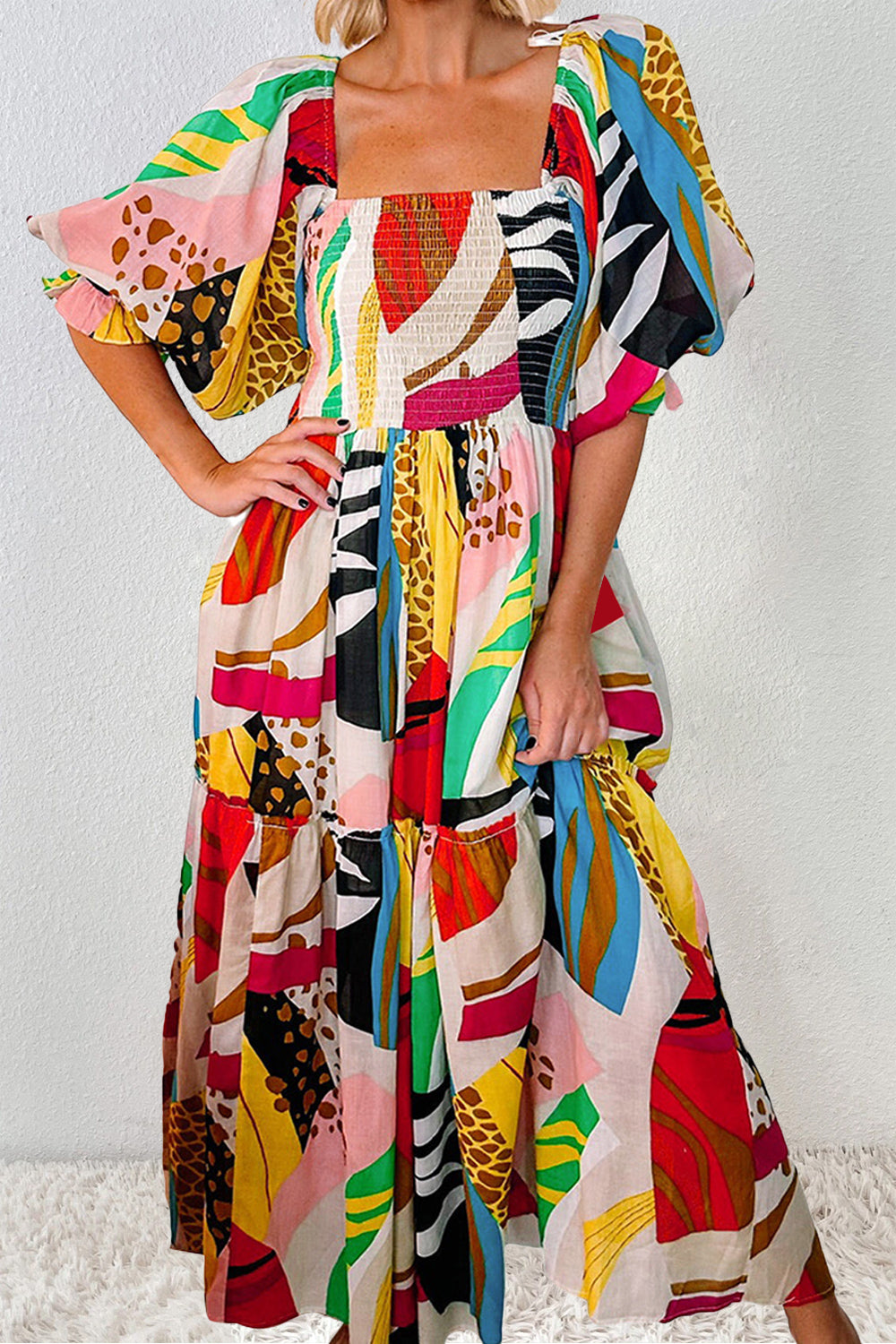 Printed Square Neck Short Sleeve Cotton Midi Dress