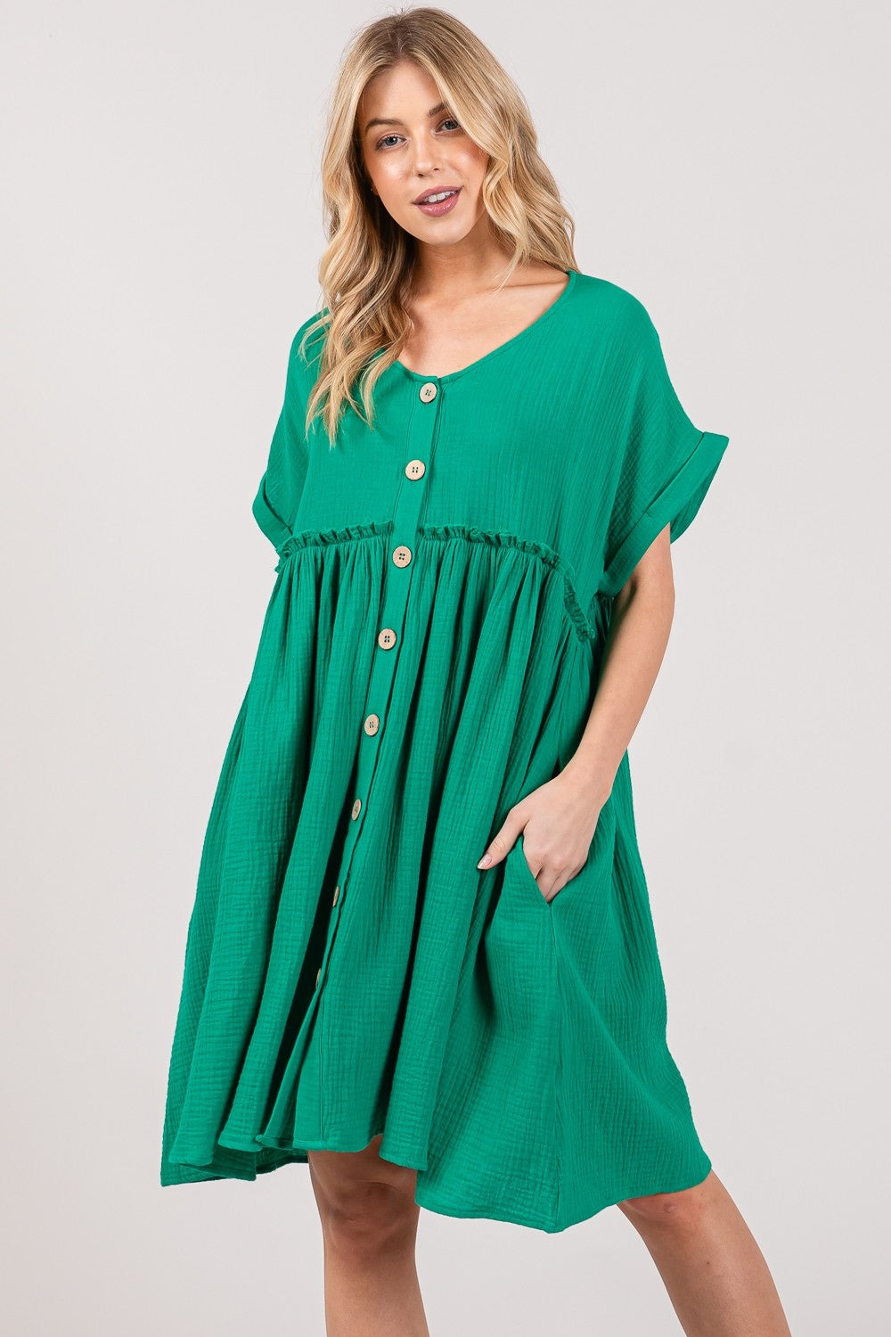 Button Up Short Sleeve Cotton Dress