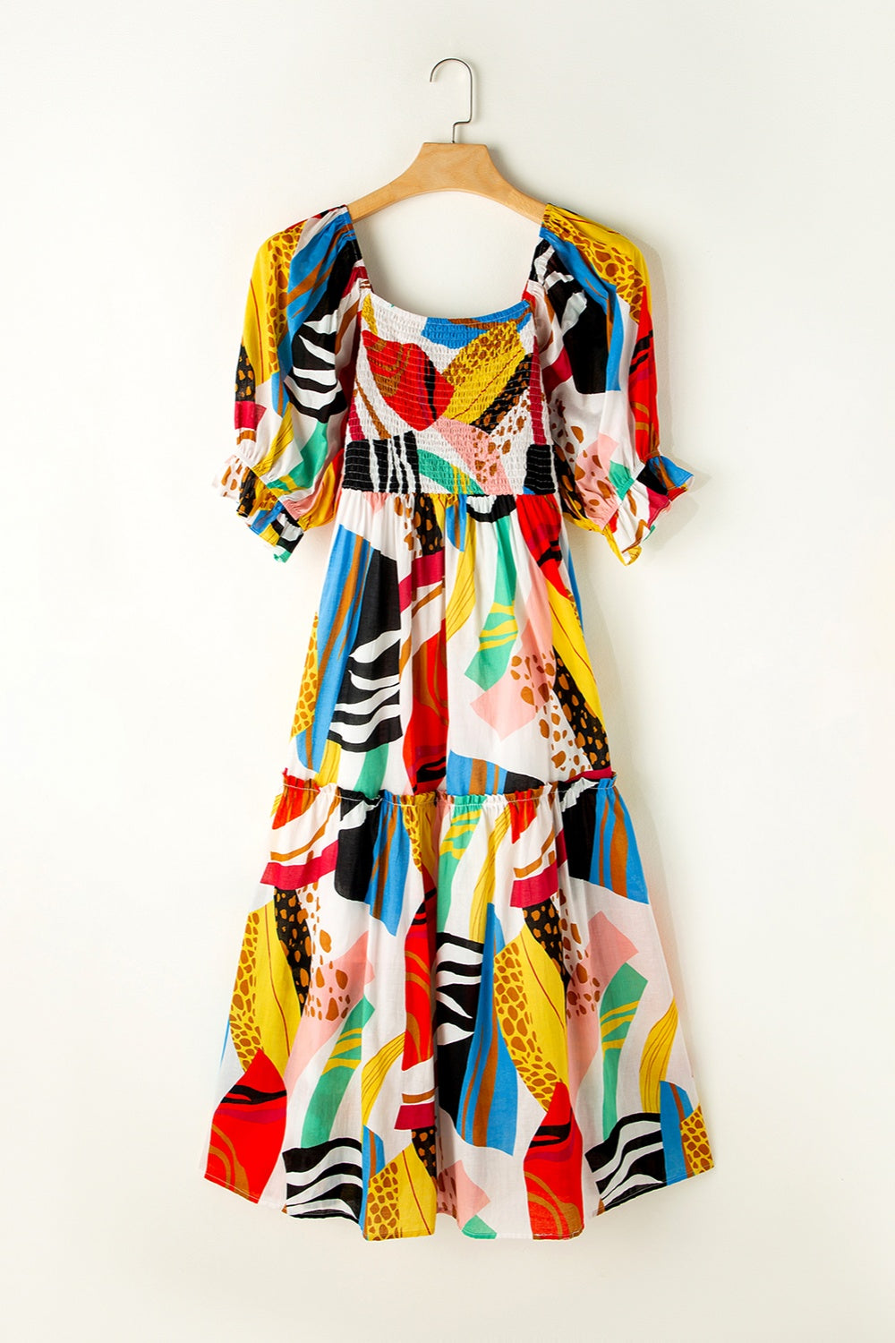 Printed Square Neck Short Sleeve Cotton Midi Dress