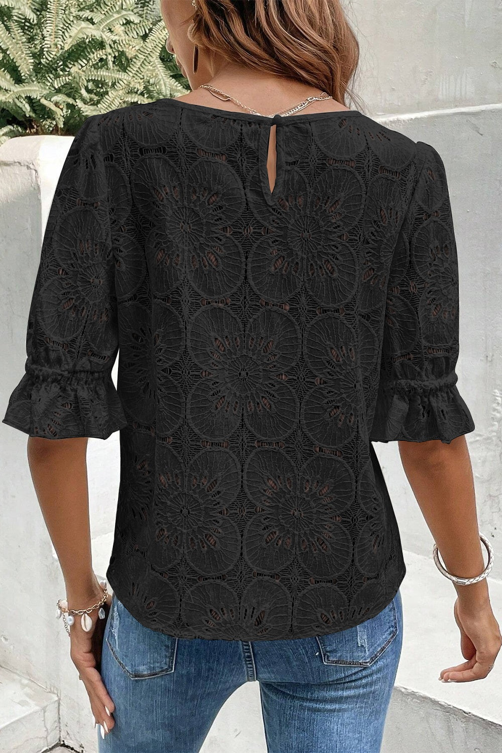 Round Neck Flounce Sleeve Cotton Blouse