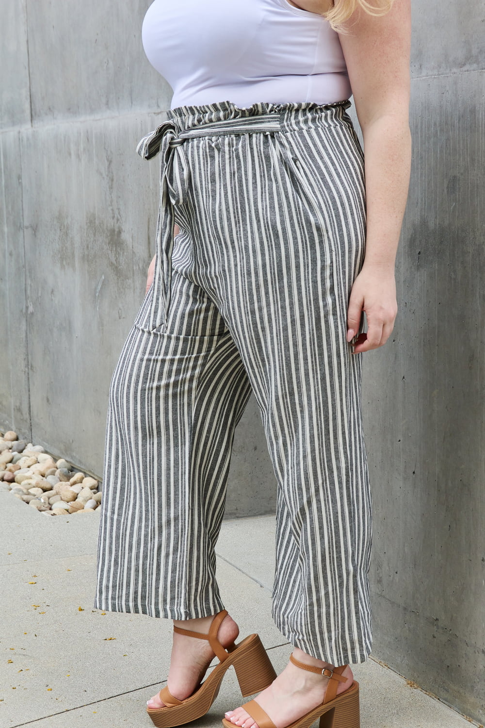 Linen Full Size Waist Striped Culotte Pants