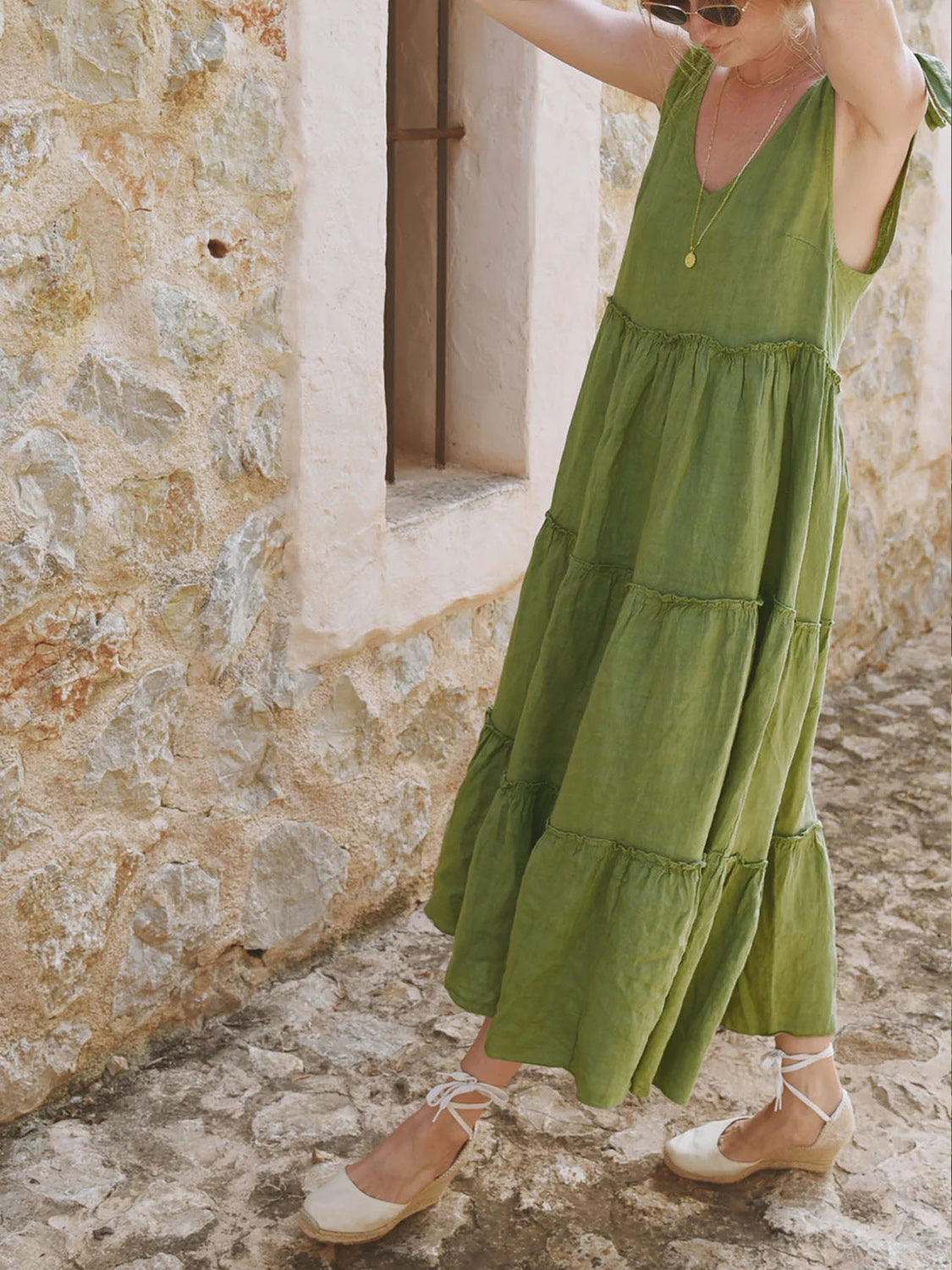 Cotton Tiered Frill V-Neck Sleeveless Dress