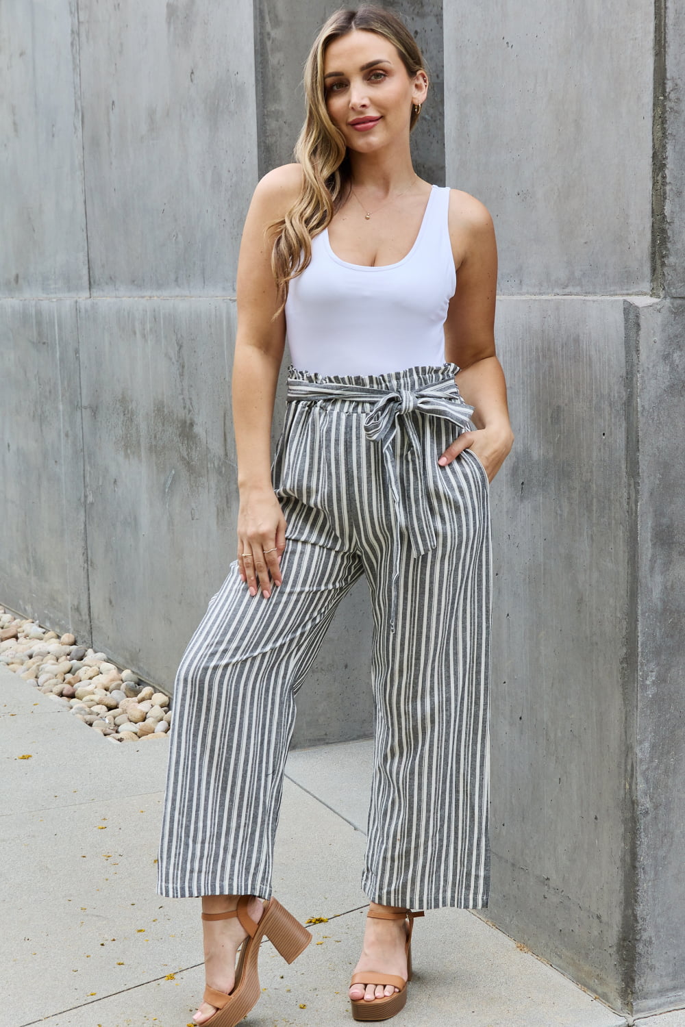 Linen Full Size Waist Striped Culotte Pants