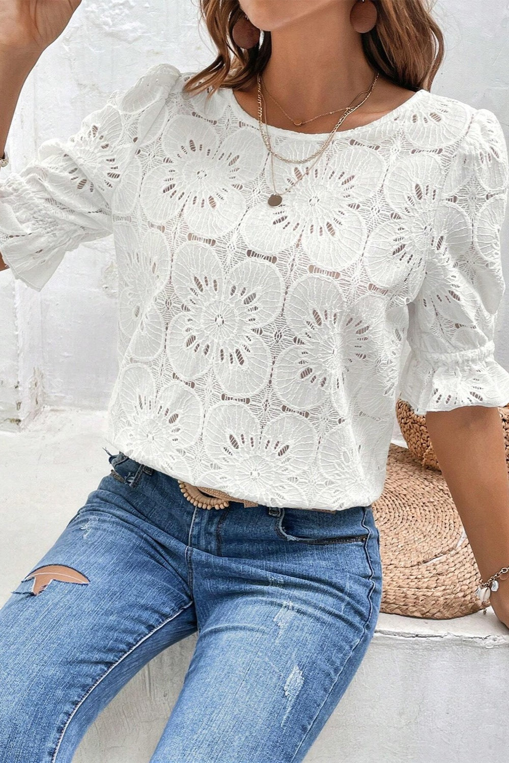 Round Neck Flounce Sleeve Cotton Blouse