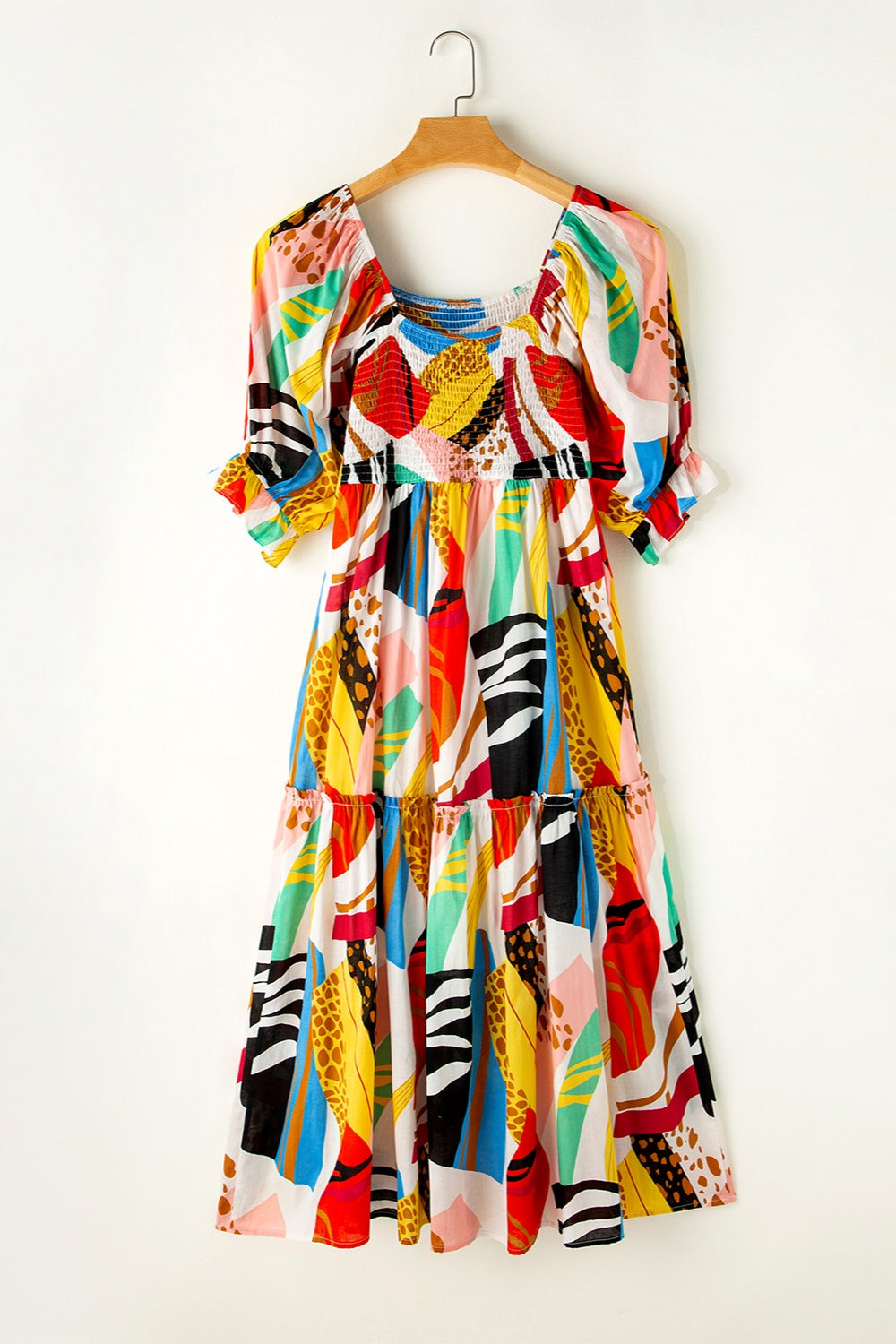 Printed Square Neck Short Sleeve Cotton Midi Dress
