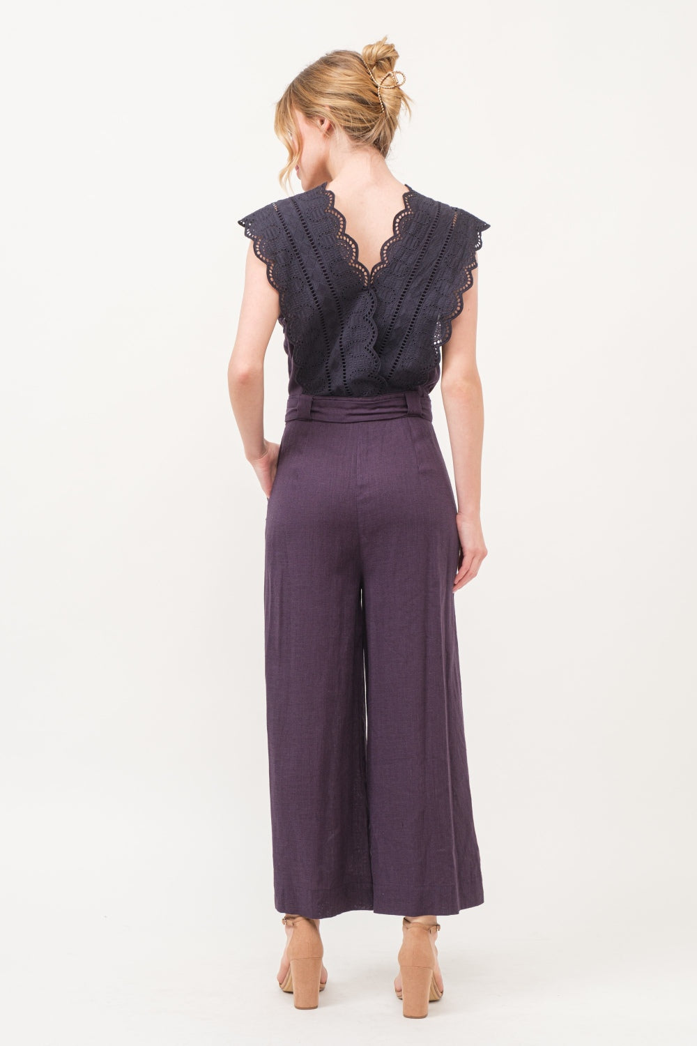 V Shape Laced Surplice Tie Waist Jumpsuit