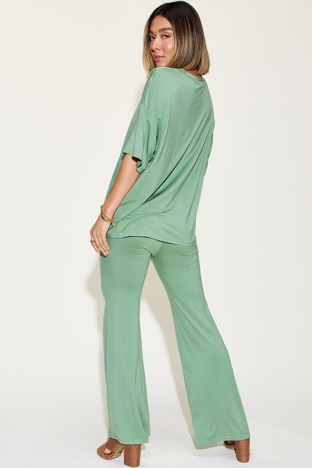 Basic Bamboo Drop Shoulder T-Shirt and Flare Pants Set
