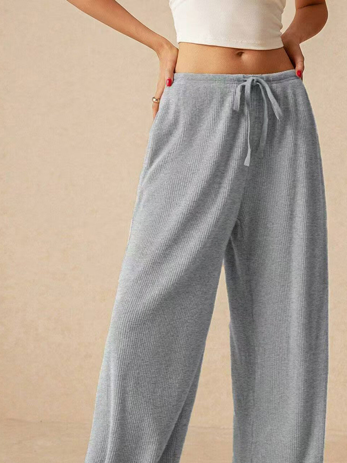 Ribbed Drawstring Wide Leg Cotton Pants