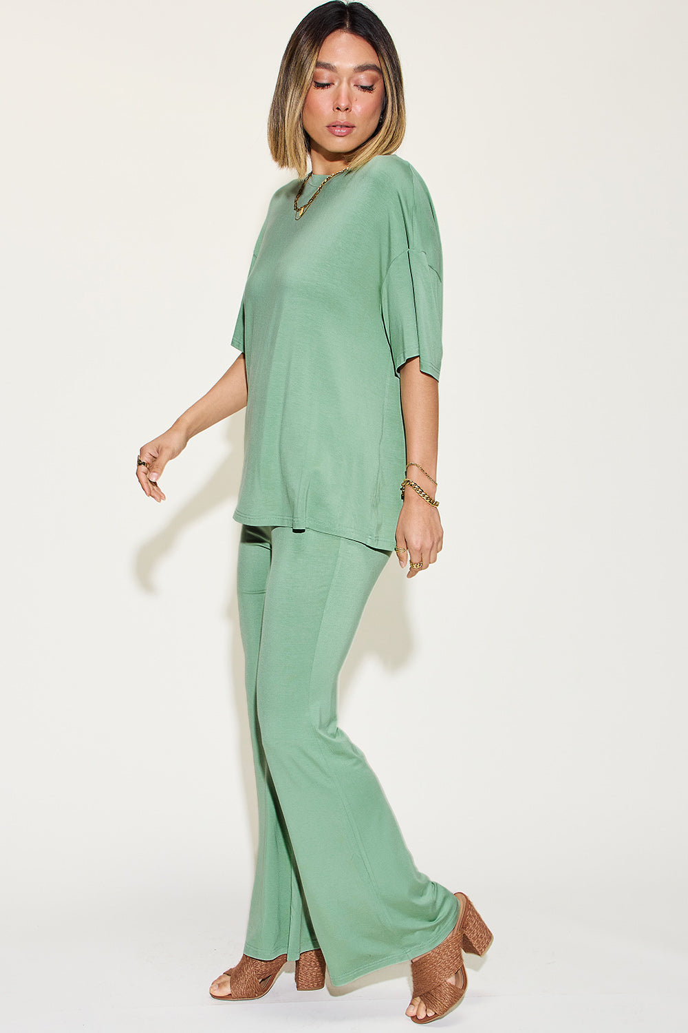 Basic Bamboo Drop Shoulder T-Shirt and Flare Pants Set