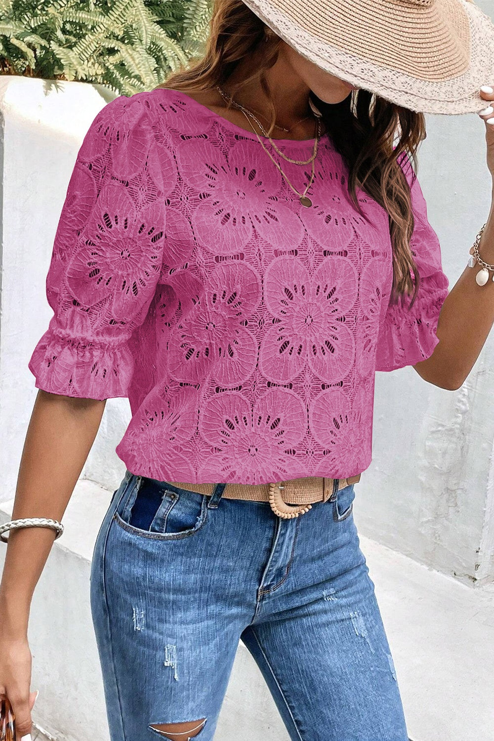 Round Neck Flounce Sleeve Cotton Blouse