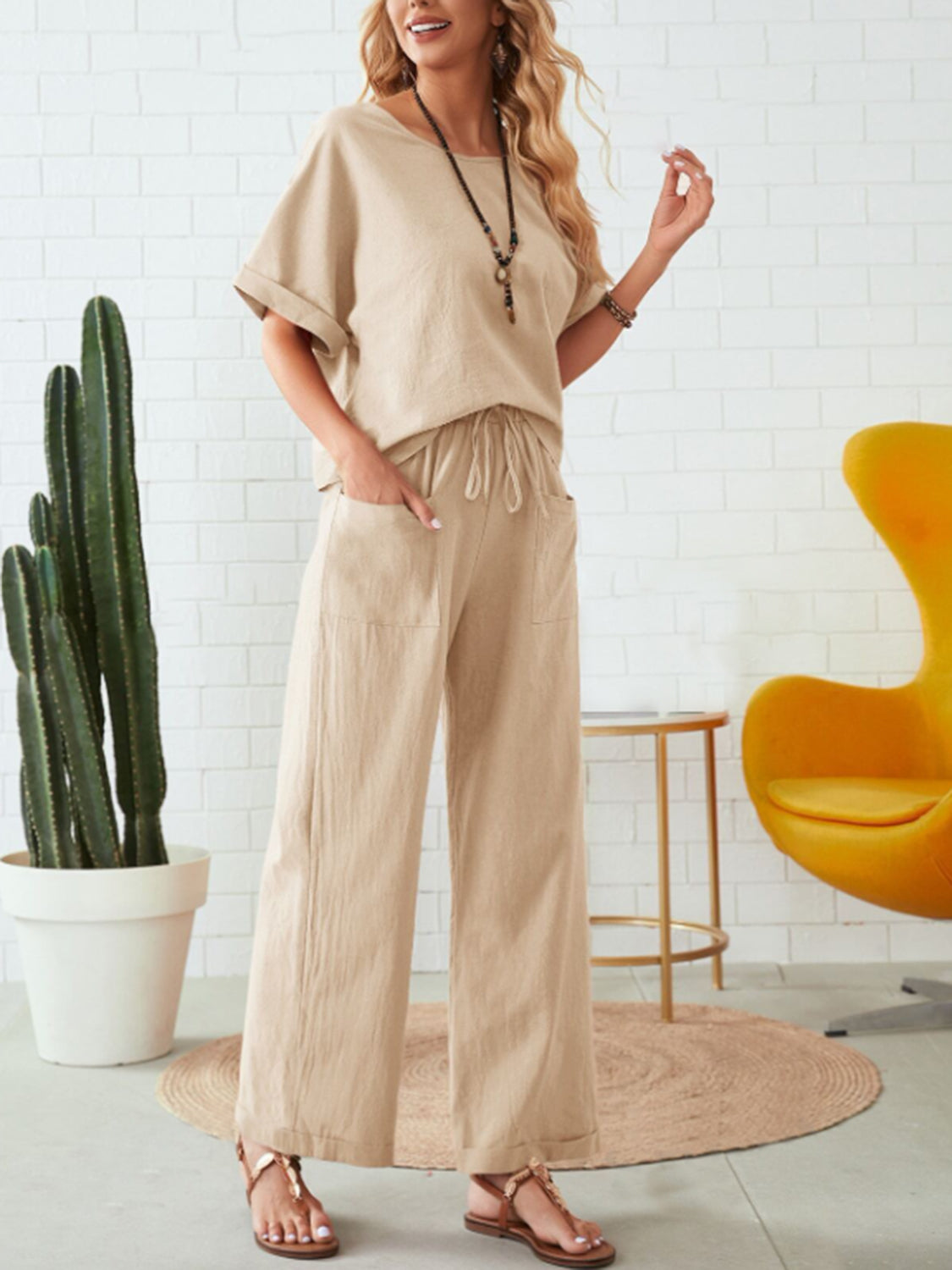 Cotton Half Sleeve Top and Pocketed Pants Set