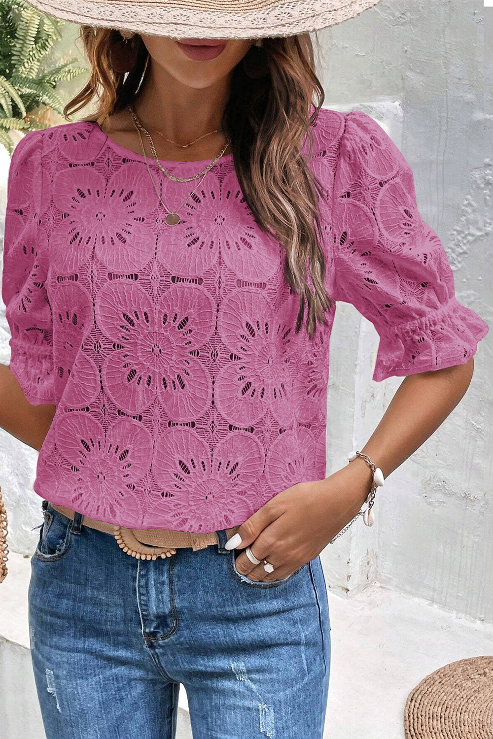 Round Neck Flounce Sleeve Cotton Blouse
