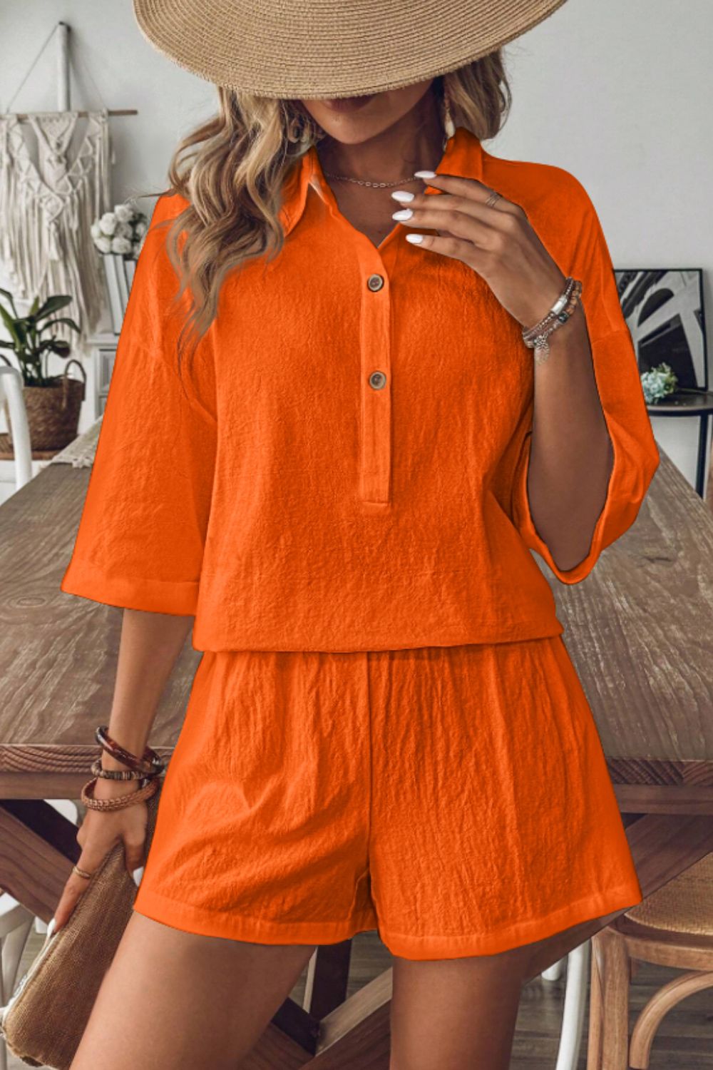 Cotton Collared Neck Half Sleeve Top and Shorts Set