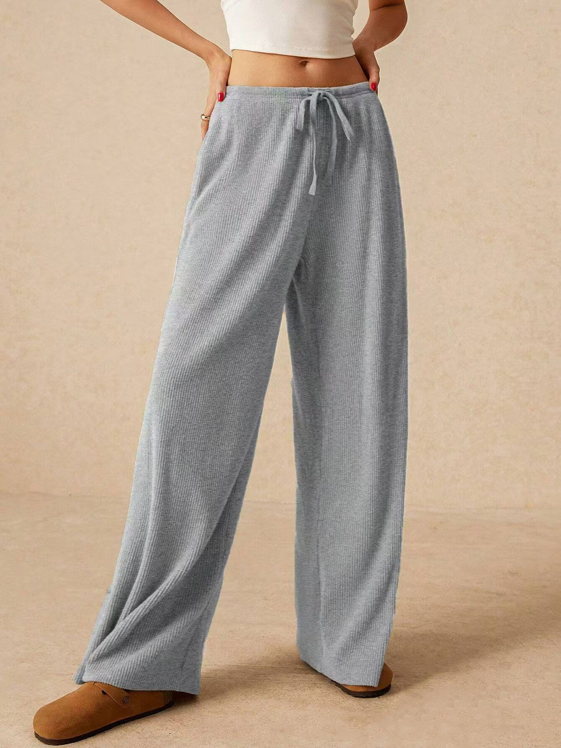 Ribbed Drawstring Wide Leg Cotton Pants