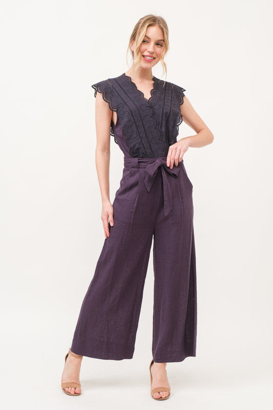 V Shape Laced Surplice Tie Waist Jumpsuit