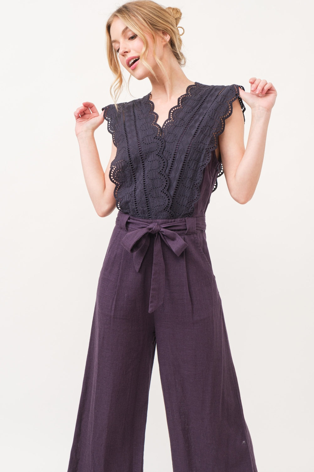 V Shape Laced Surplice Tie Waist Jumpsuit