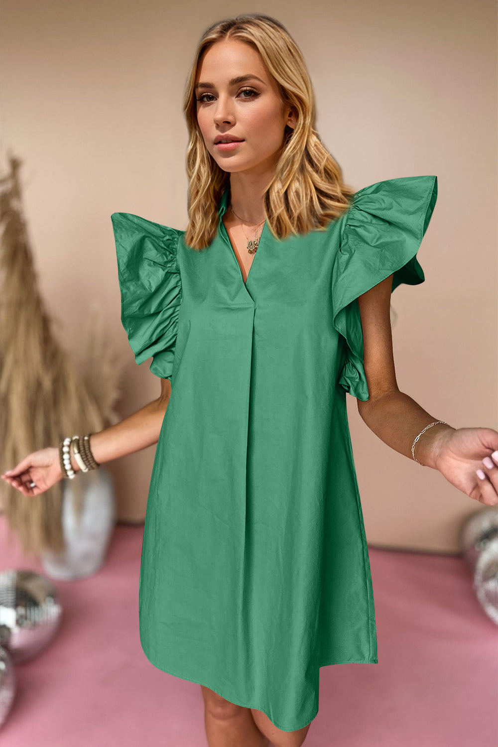 Wholesale MOQ6 Oh Ruched Johnny Collar Cap Sleeve Mini Dress Wholesale MOQ6 Oh Ruched Johnny Collar Cap Sleeve Mini Dress