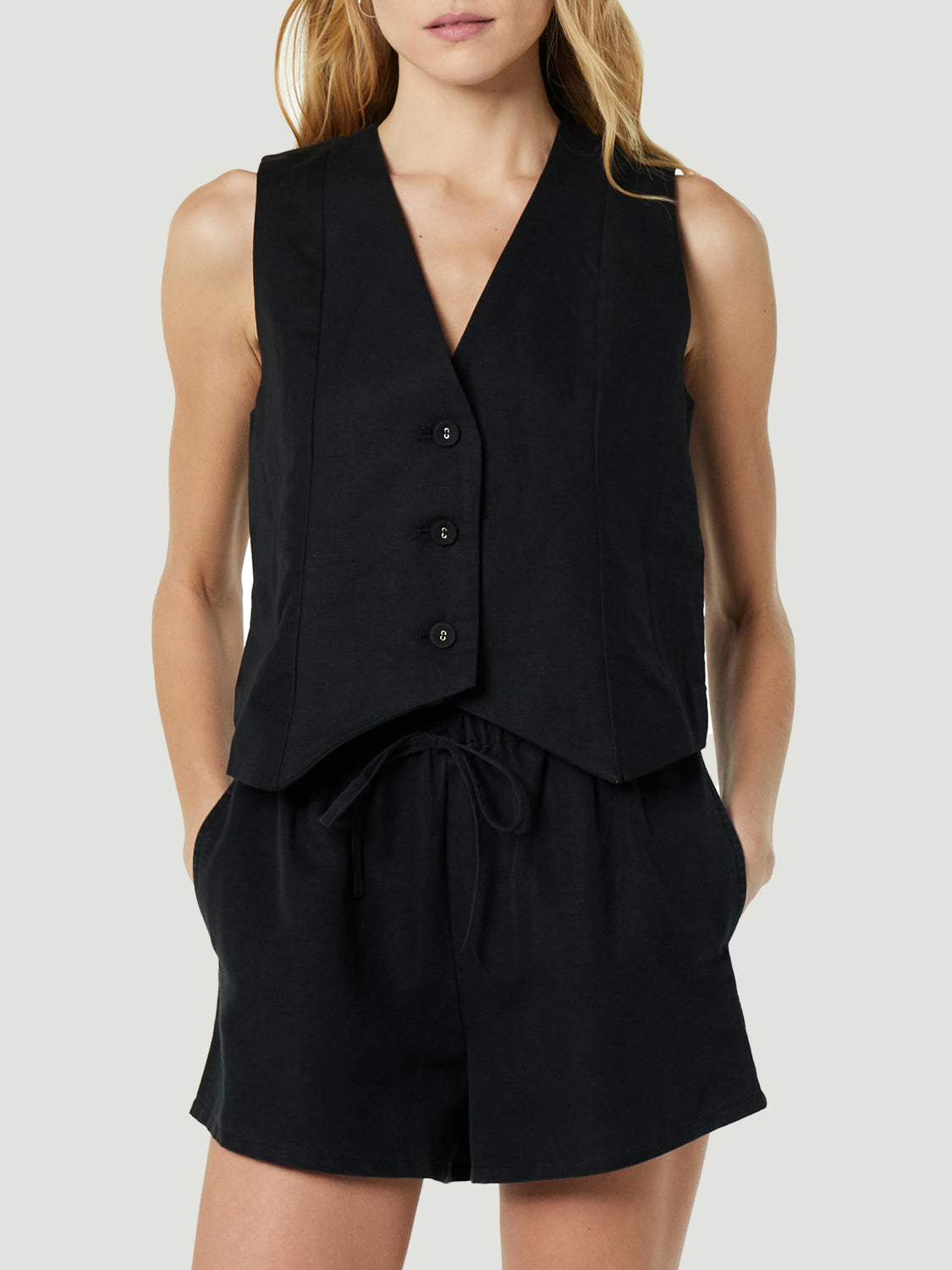 Button Up Cotton Top and Pocketed Shorts Set