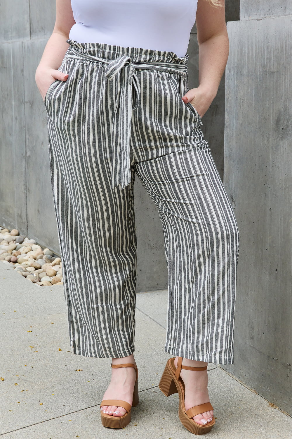 Linen Full Size Waist Striped Culotte Pants