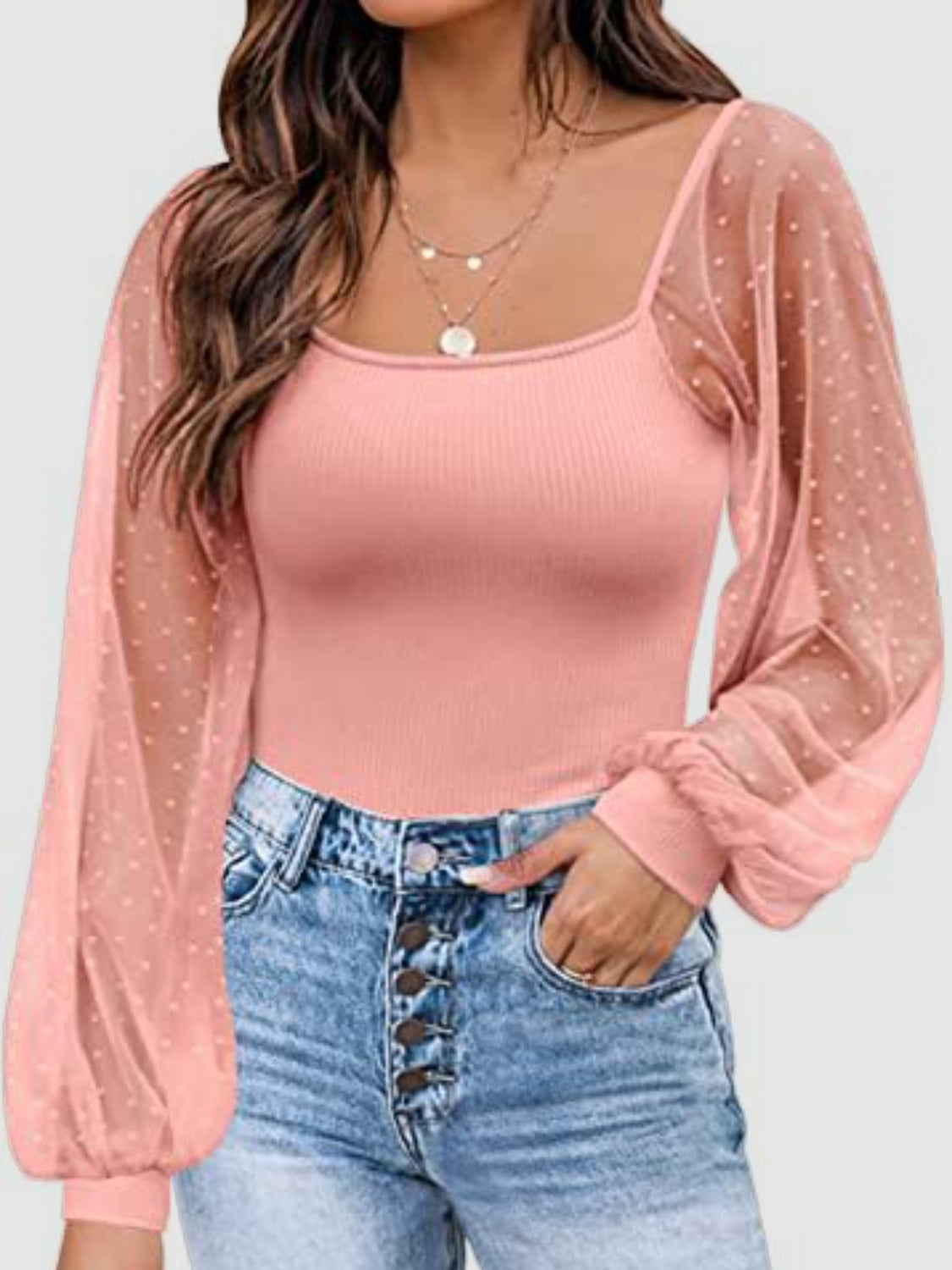 Cotton Square Neck Lantern Sleeve Blouse