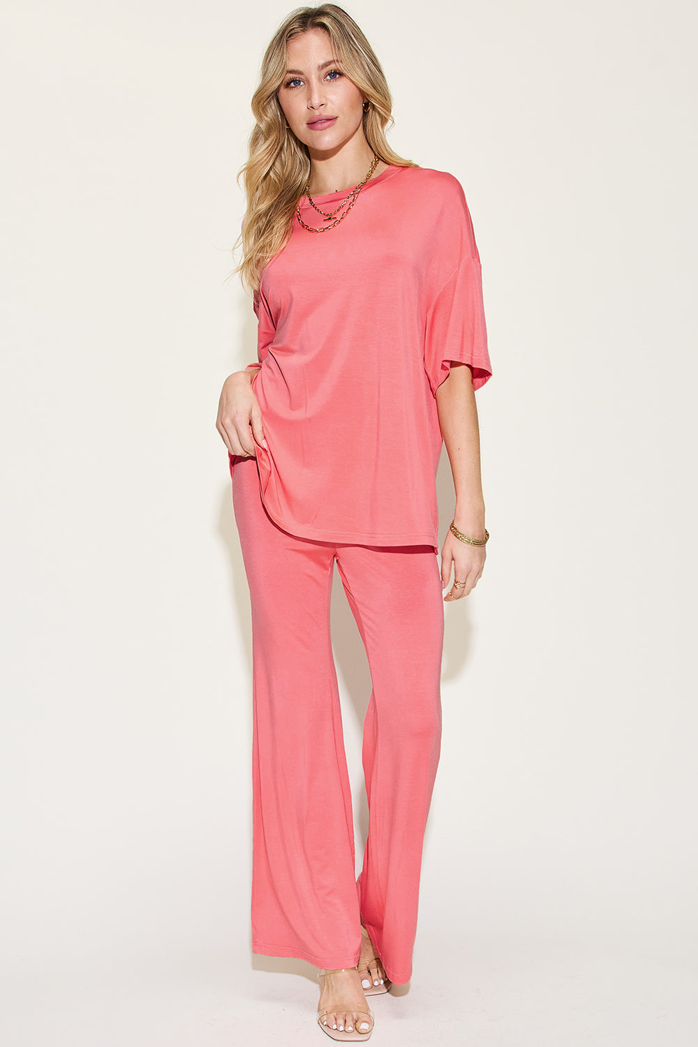 Basic Bamboo Drop Shoulder T-Shirt and Flare Pants Set