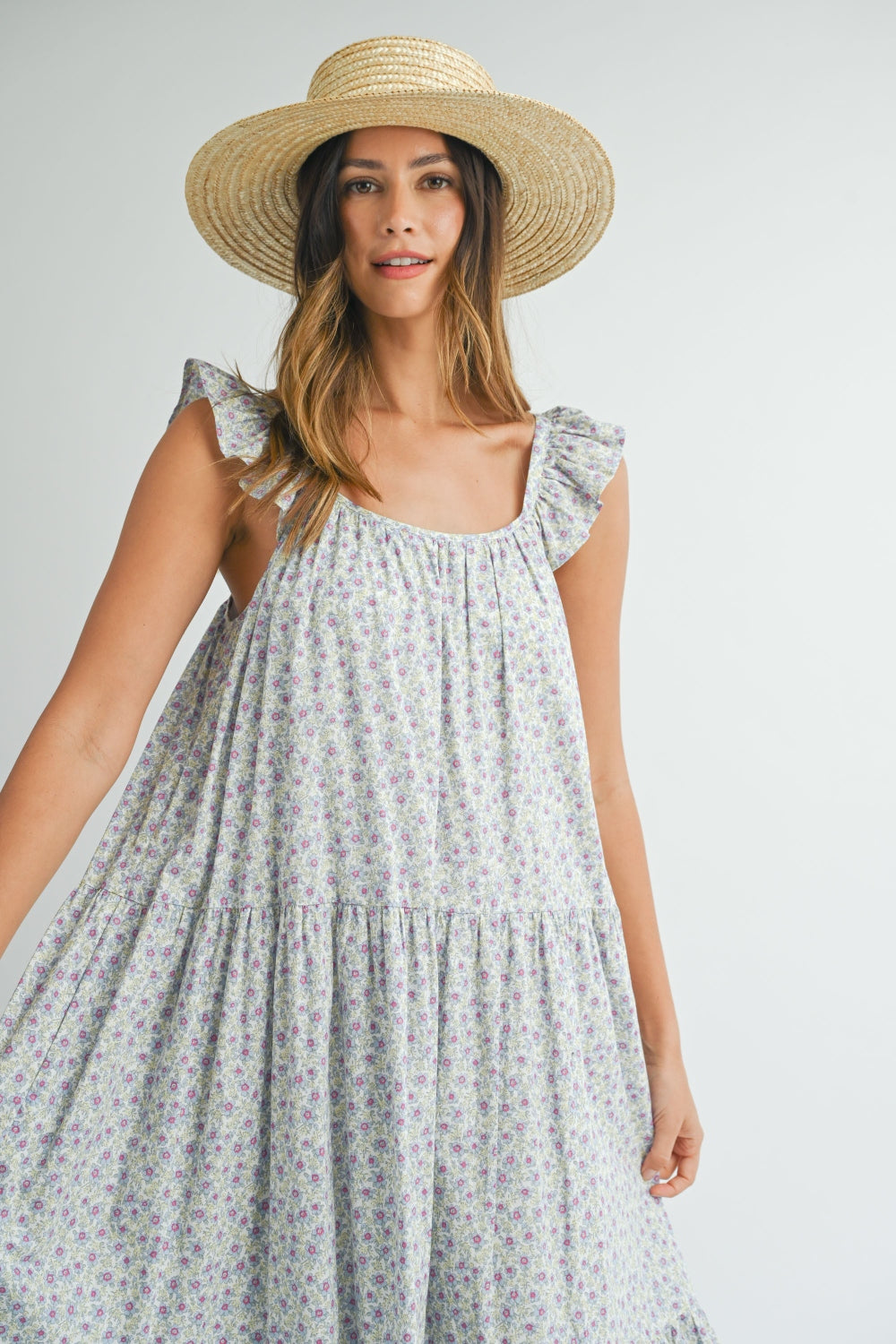 Cotton Floral Ruffle Shoulder Tiered Midi Dress