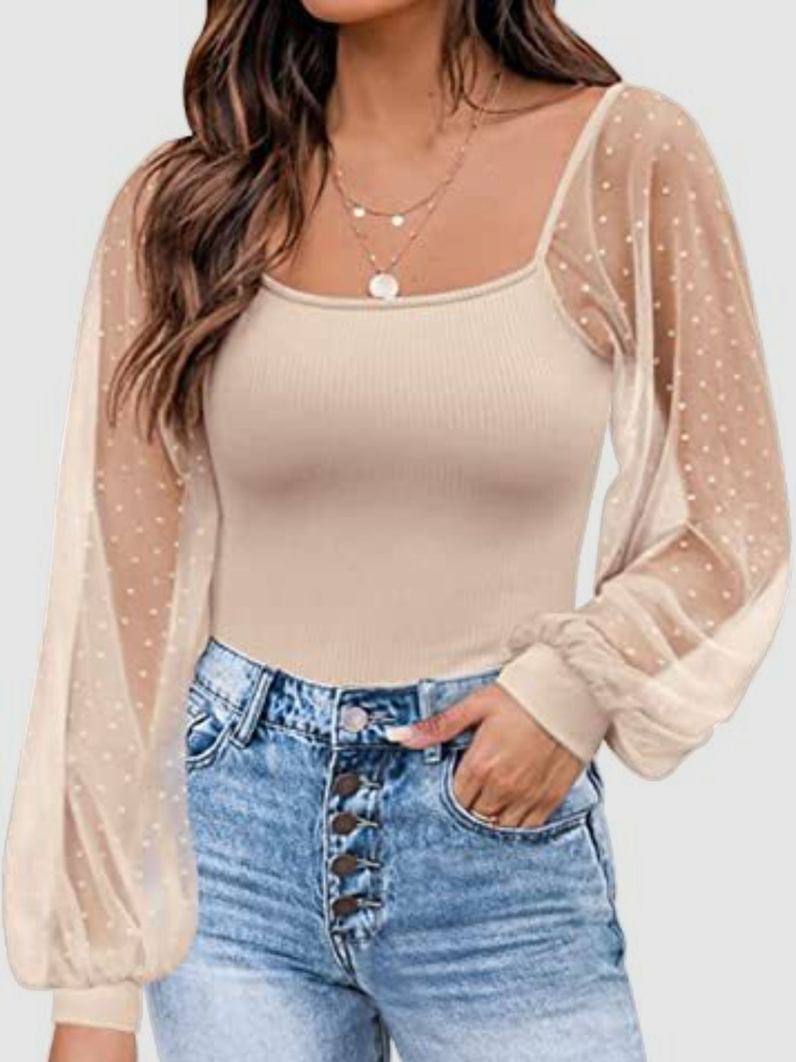 Cotton Square Neck Lantern Sleeve Blouse