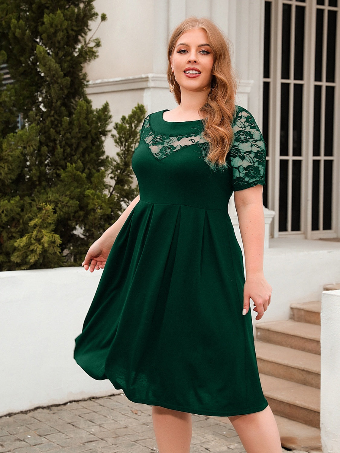 Plus Size Ruched Round Neck Short Sleeve Cotton Dress