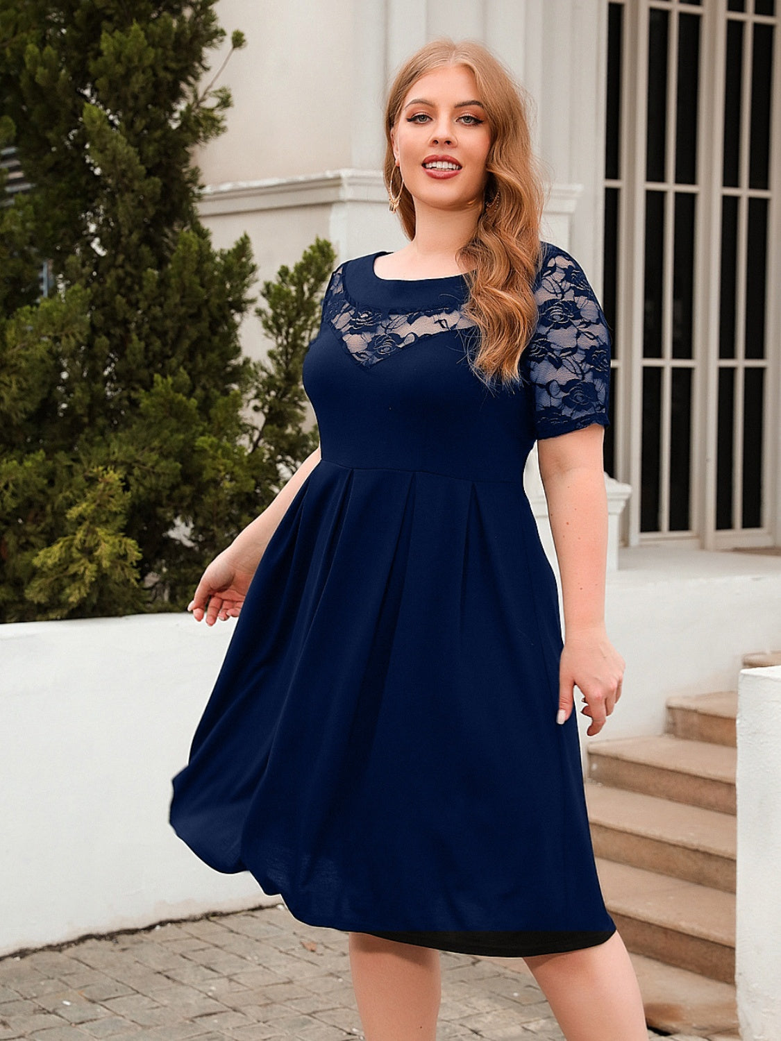 Plus Size Ruched Round Neck Short Sleeve Cotton Dress