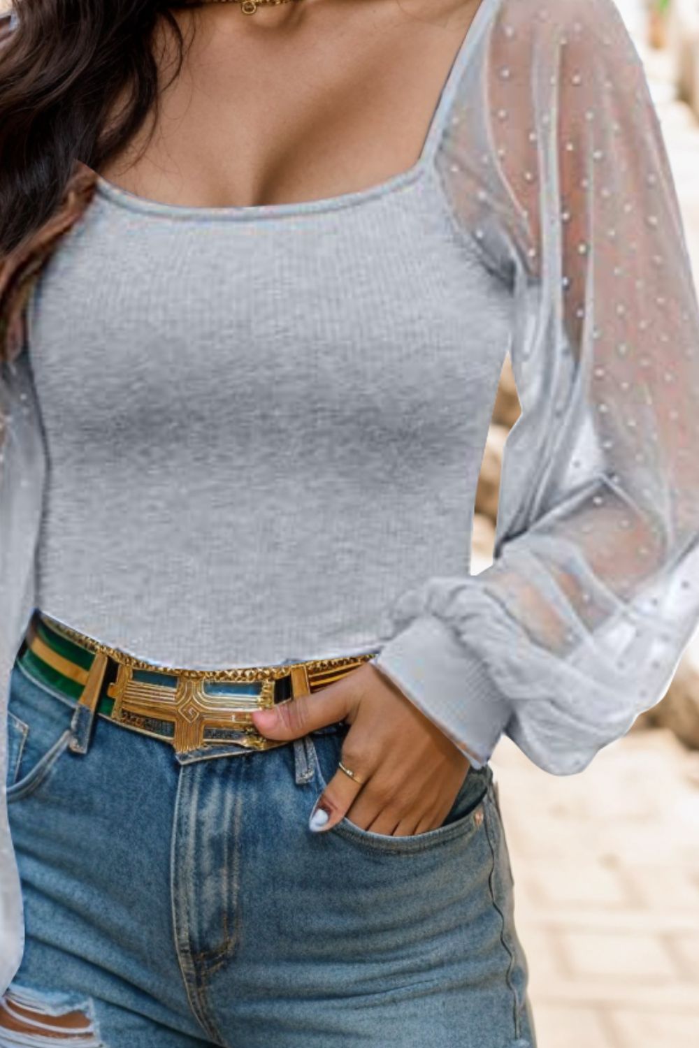 Cotton Square Neck Lantern Sleeve Blouse