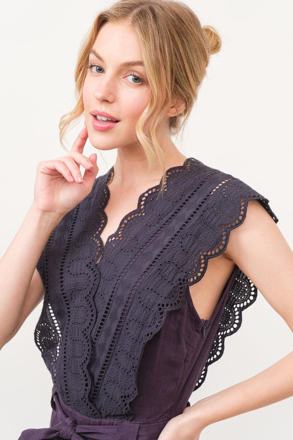 V Shape Laced Surplice Tie Waist Jumpsuit