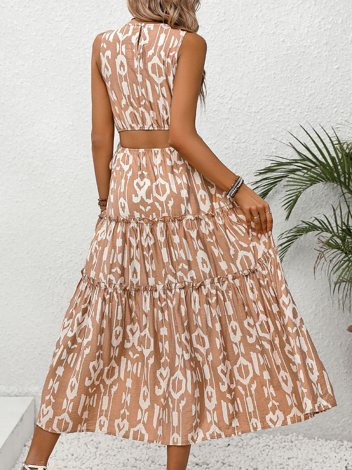 Cotton Cutout Printed Round Neck Sleeveless Dress