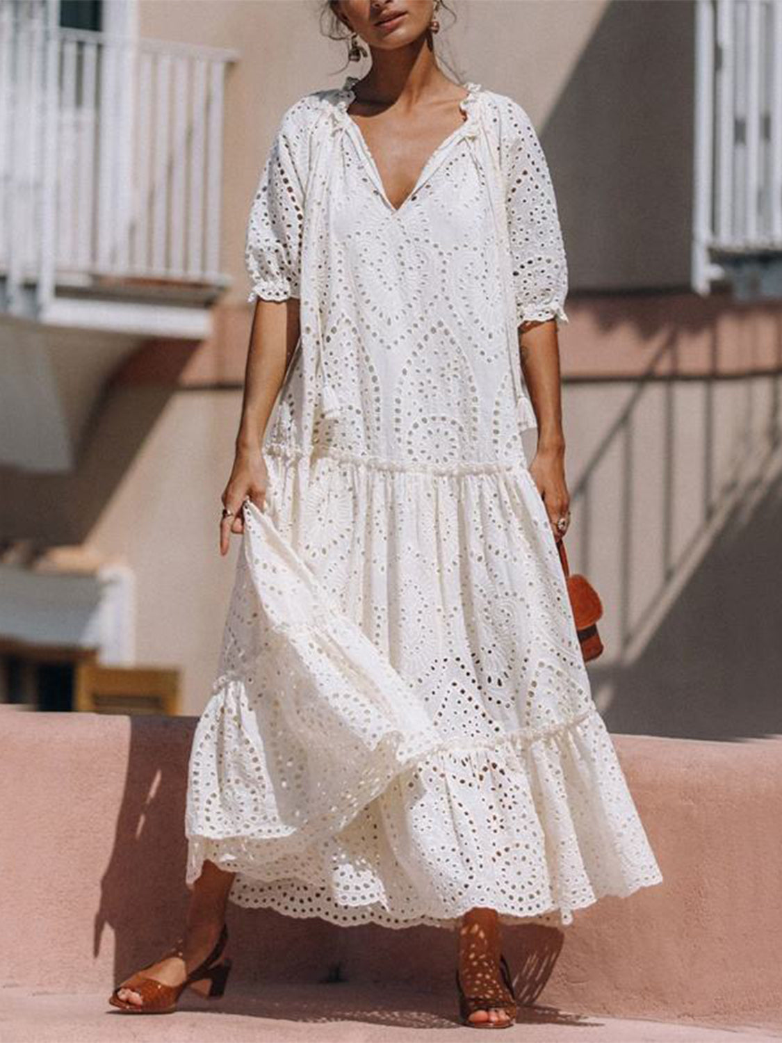 Tie Neck Half Sleeve Tiered Cotton Dress