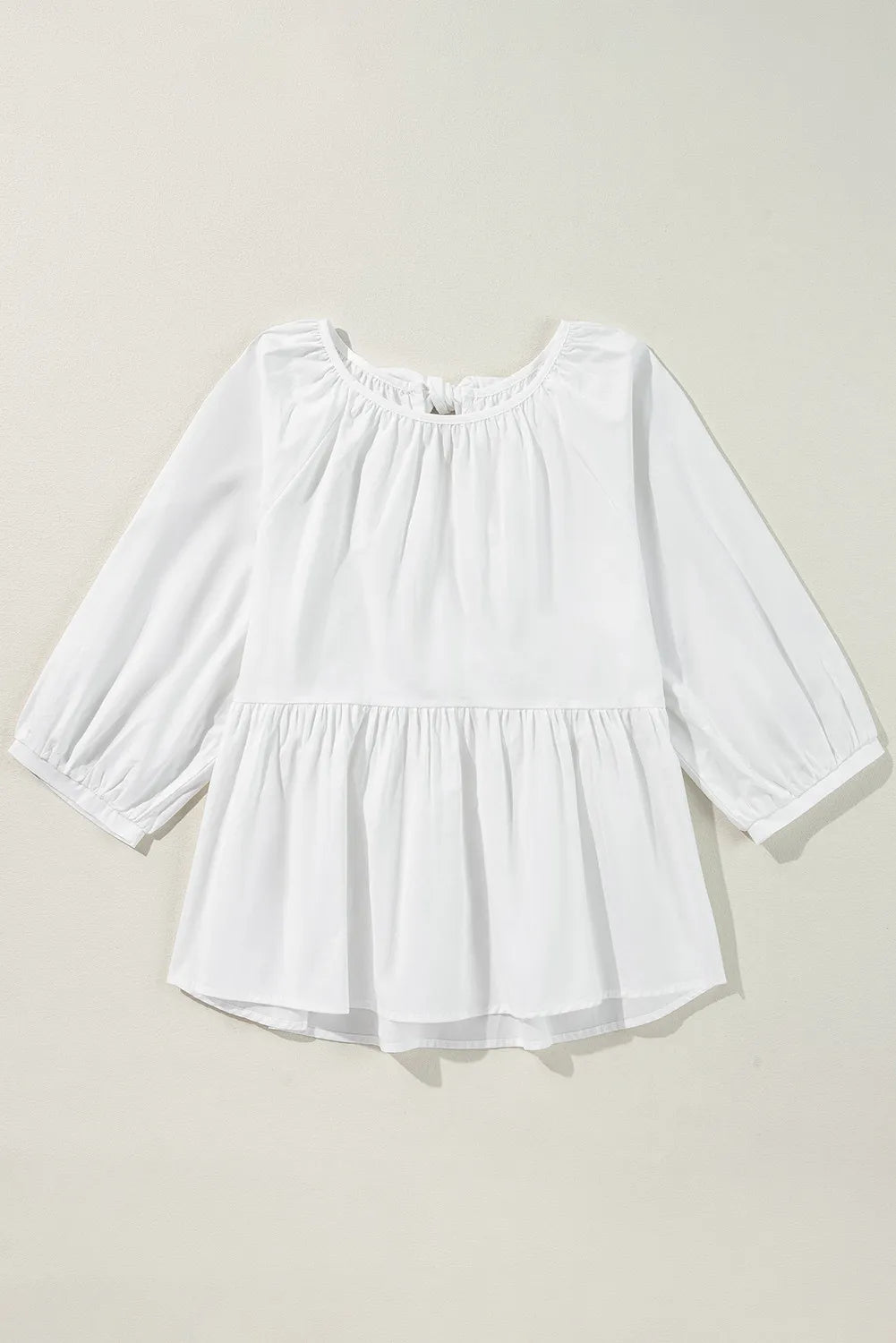 Cotton Bow Round Neck Three-Quarter Sleeve Blouse