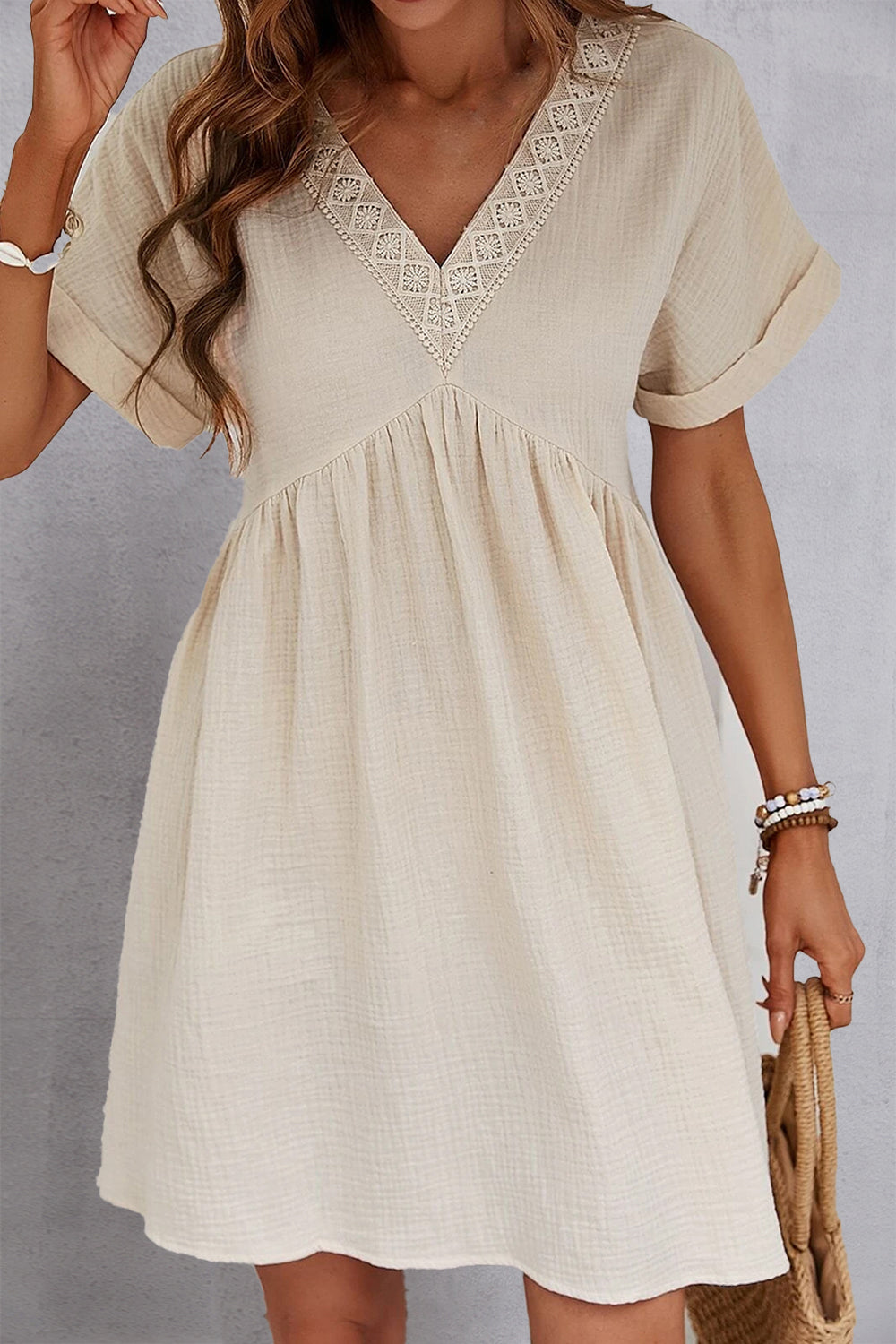 V-Neck Short Sleeve Cotton Dress