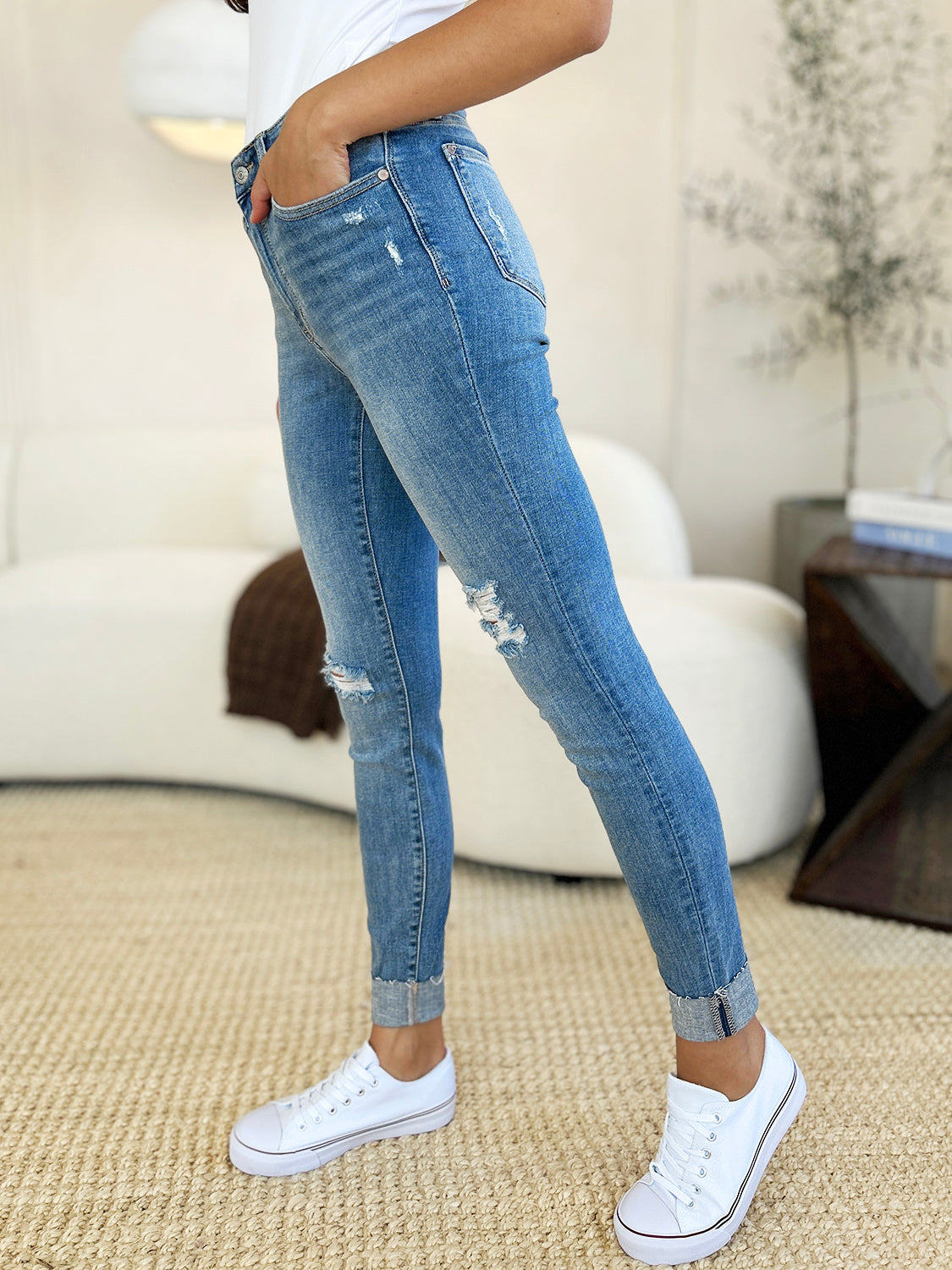Full Size Mid Rise Destroy & Cuff Skinny Jeans