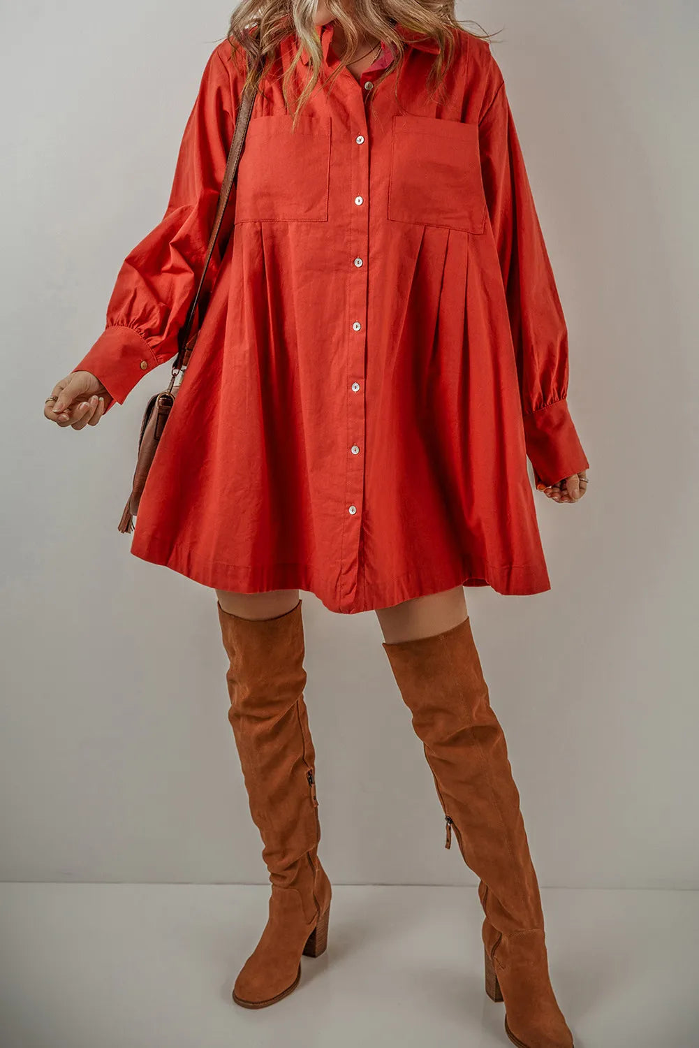 Pocketed Button Down Long Sleeve Shirt Cotton Dress