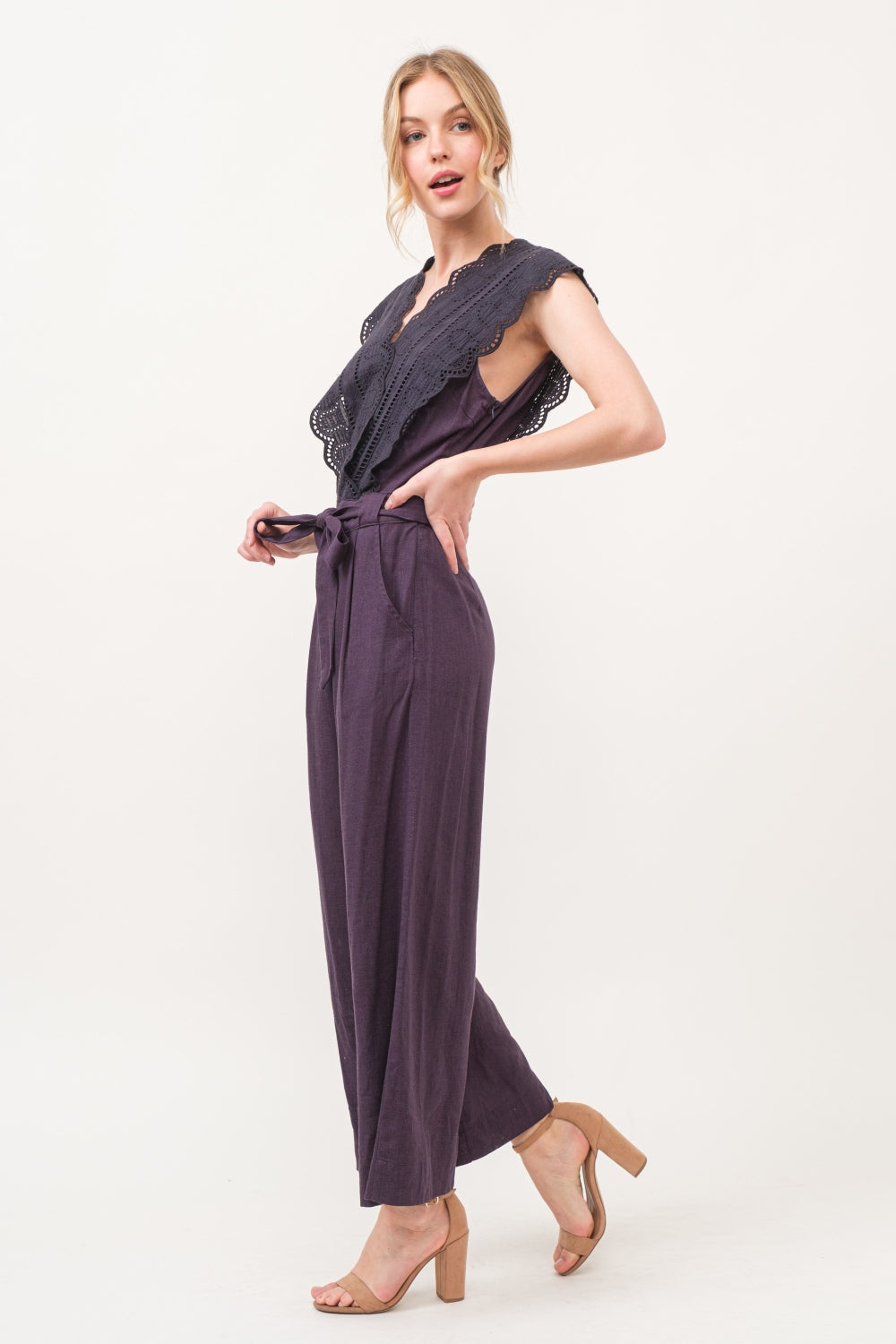 V Shape Laced Surplice Tie Waist Jumpsuit