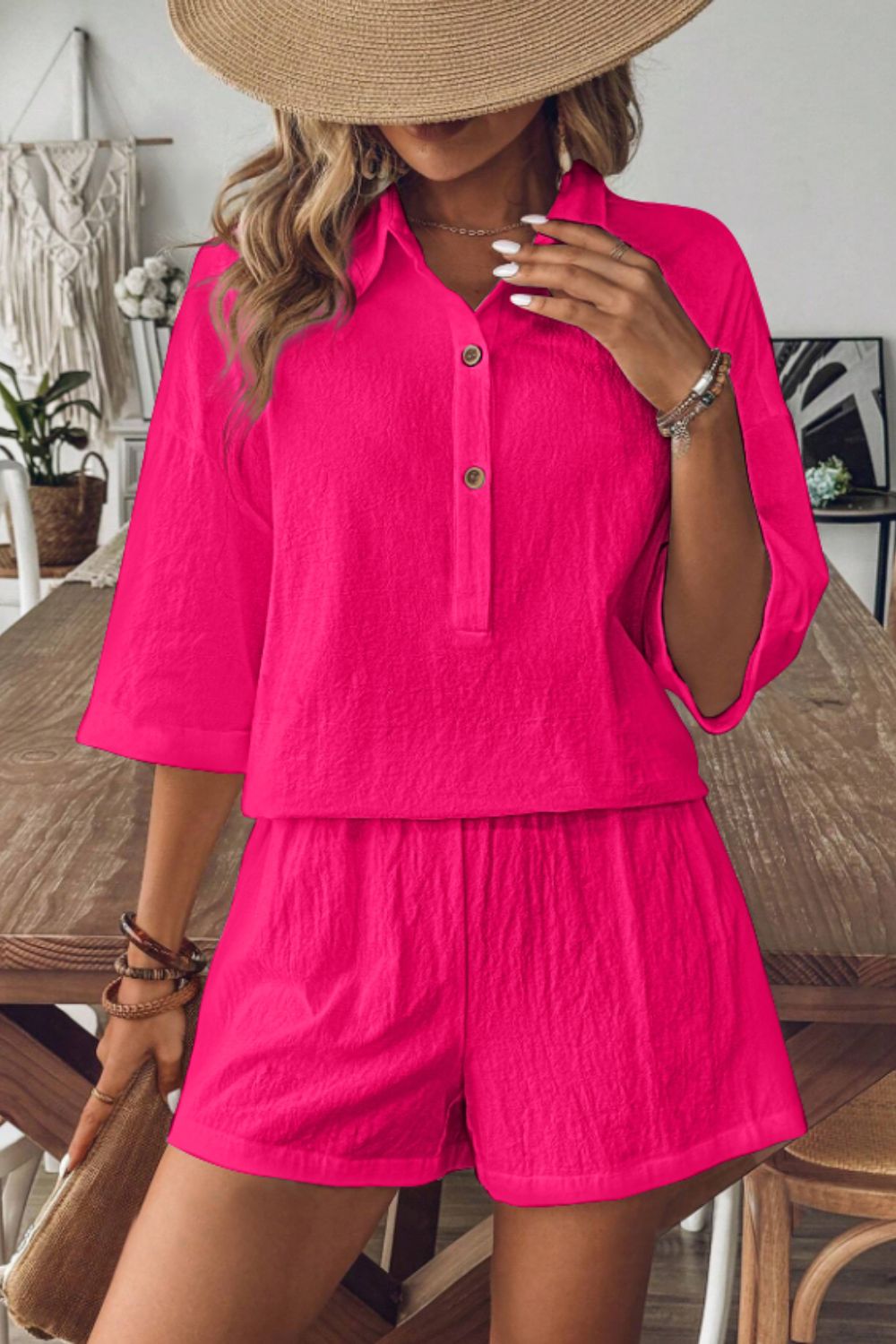 Cotton Collared Neck Half Sleeve Top and Shorts Set
