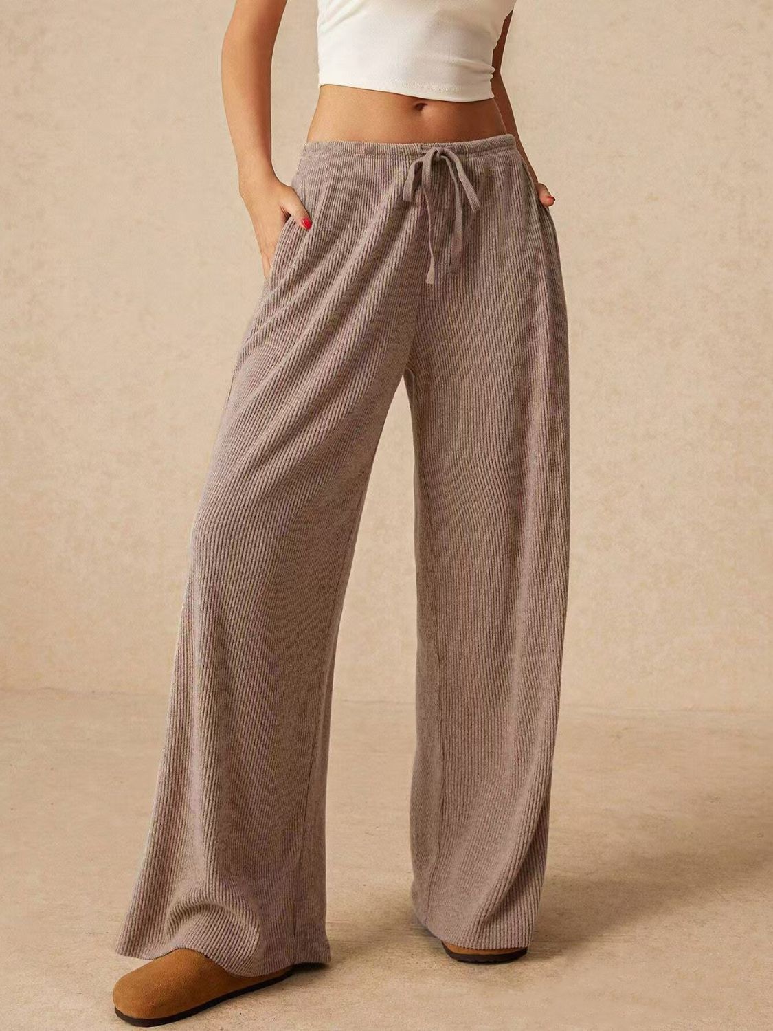 Ribbed Drawstring Wide Leg Cotton Pants