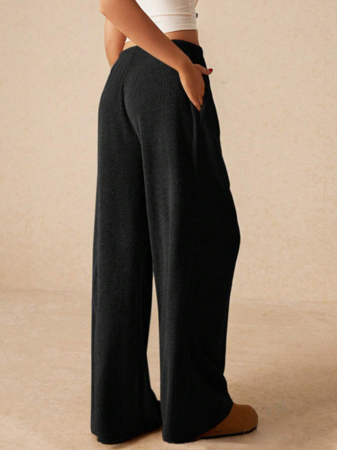 Ribbed Drawstring Wide Leg Cotton Pants