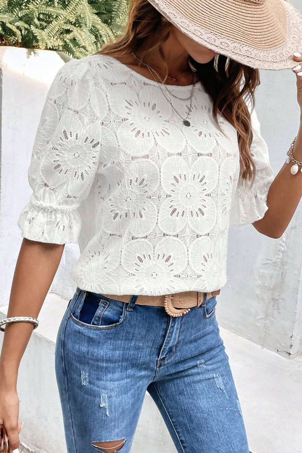 Round Neck Flounce Sleeve Cotton Blouse