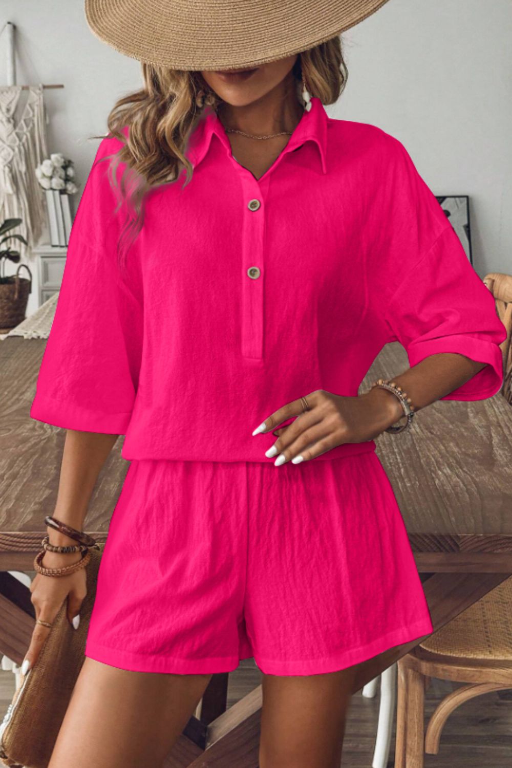 Cotton Collared Neck Half Sleeve Top and Shorts Set