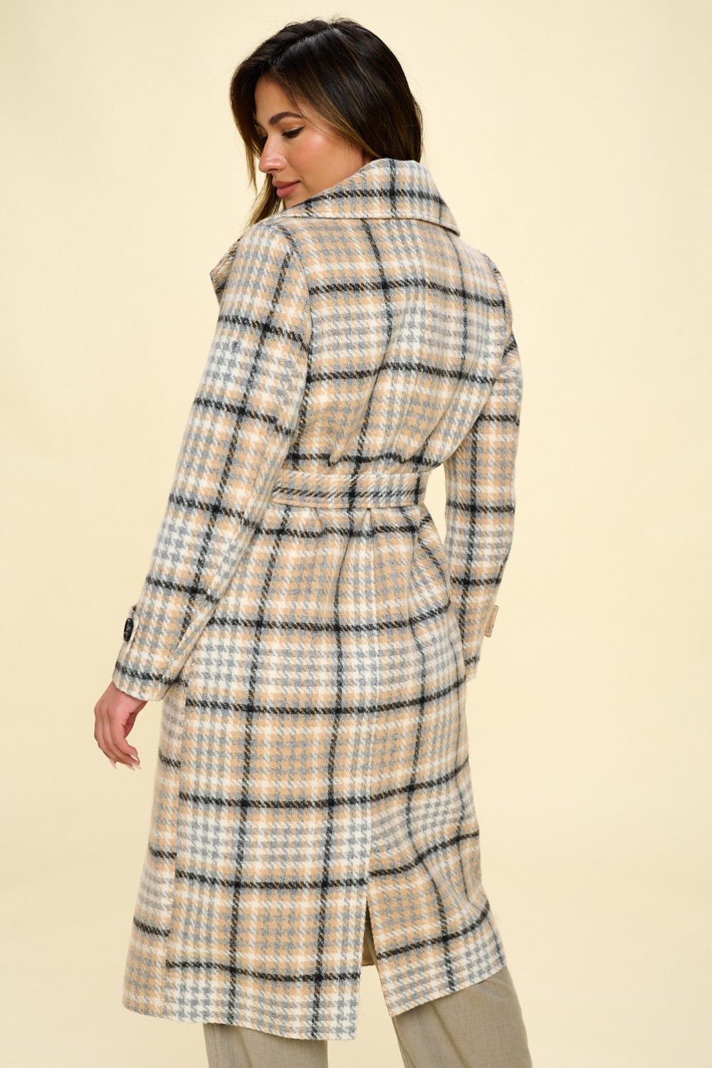 Vegan Wool Double-Breasted Winter Plaid Coat