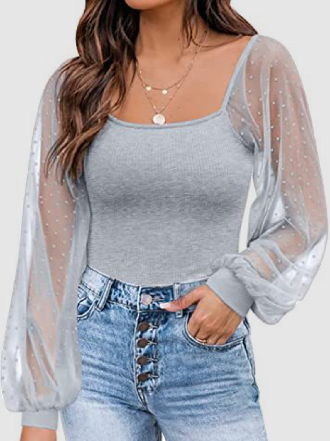 Cotton Square Neck Lantern Sleeve Blouse