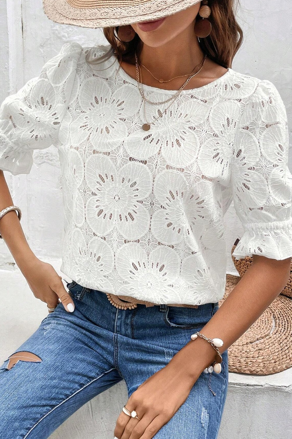 Round Neck Flounce Sleeve Cotton Blouse